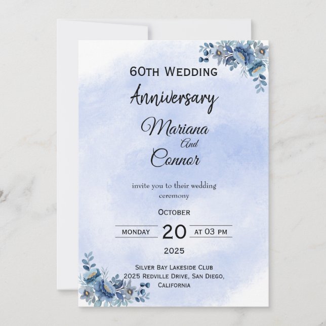 Convites Graceful Blue Floral Wedding Anniversary Invitatio (Frente)