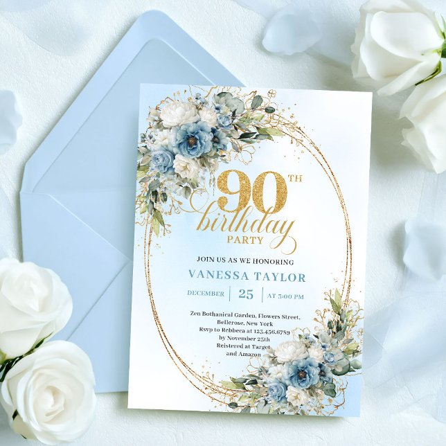 Convites Graceful Bohemian Blue White Floral 90th Birthday (Graceful Bohemian Blue White Floral 90th Birthday)