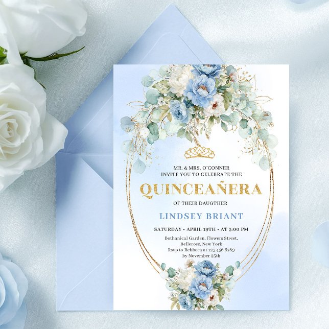 Convites Graceful Boho Blue Peonies Eucalyptus Quinceañera (Graceful Blue Peonies Eucalyptus Quinceañera Invitation)