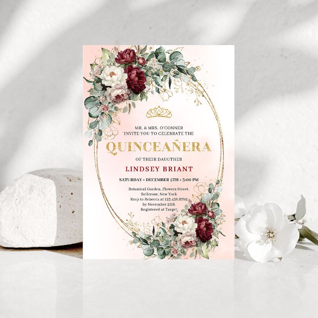 Convites Graceful Burgundy Peonies Eucalyptus Quince Invite (Graceful Burgundy Peonies Eucalyptus Quince Invite)
