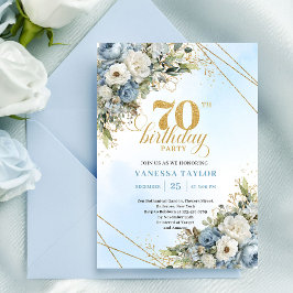 Convites Graceful dusty blue eucalyptus gold 70th birthday 