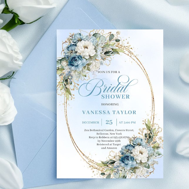 Convites Graceful Dusty Blue Floral Eucalyptus Bridal Showe (Graceful Dusty Blue Floral Eucalyptus Bridal Shower Invite)
