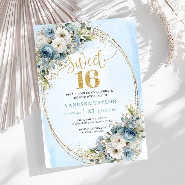Convites Graceful Dusty Blue Floral Sweet 16th Birthday  (Graceful Dusty Blue Floral Sweet 16th Birthday Invite)