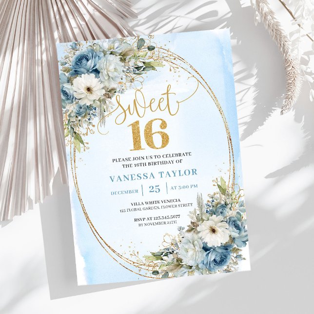 Convites Graceful Dusty Blue Greenery Sweet Sixteen Invite  (Graceful Dusty Blue Greenery Sweet Sixteen Invite Design

)