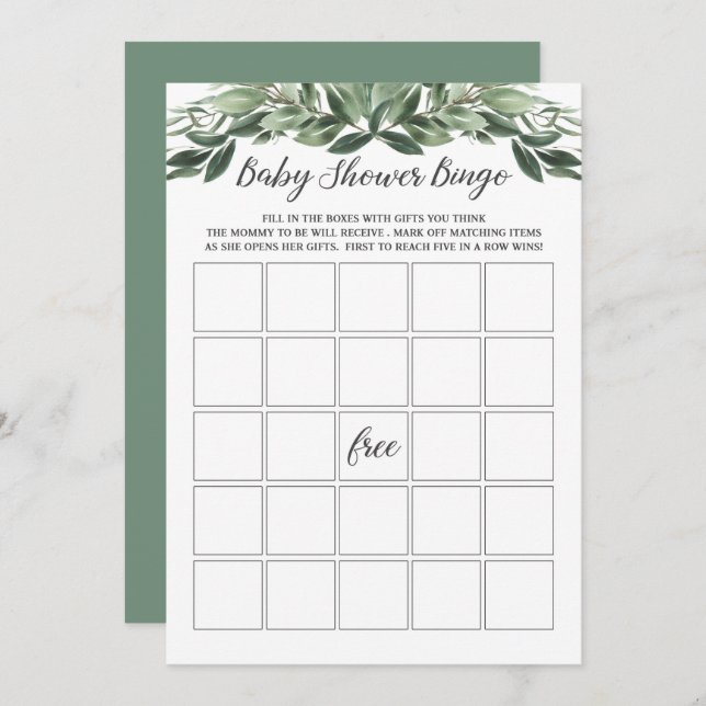 Convites Graceful Greenery Chá de fraldas Bingo Game Card (Frente/Verso)