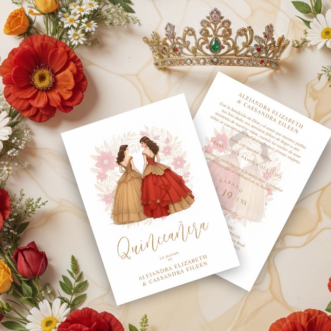 Convites Graceful Romantic Spanish Quinceañera Twins  (Graceful Romantic Spanish Quinceañera Twins Red and Gold Invitations Cards.)