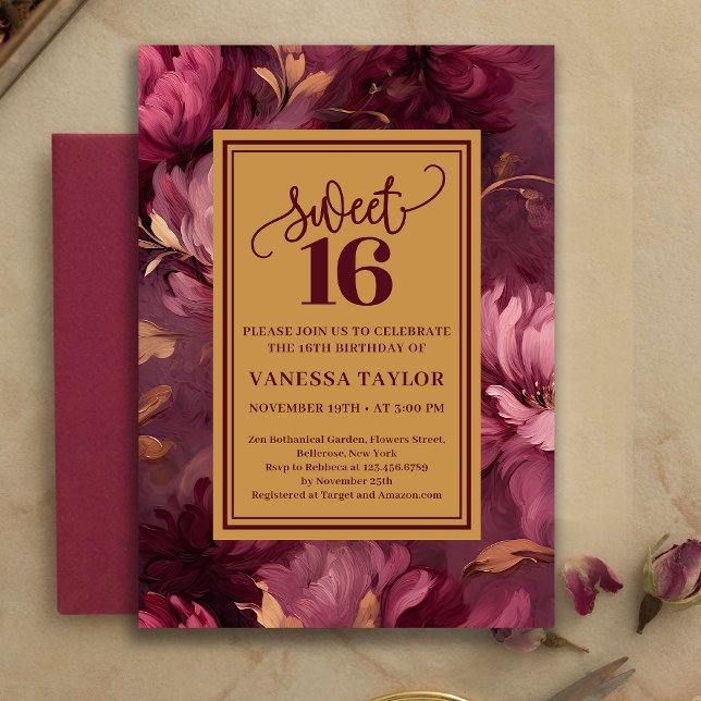 Convites Graceful Sweet 16 Merlot Blush Gold Invitation (Graceful Sweet 16 Merlot Blush Gold Invitation)