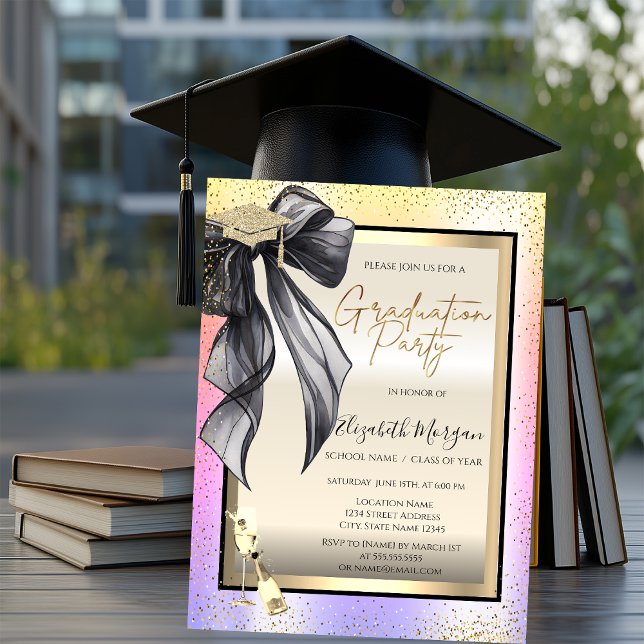 Convites Grad Cap,Black Bow Wine Glass,Confetti Ombre  (Criador carregado)