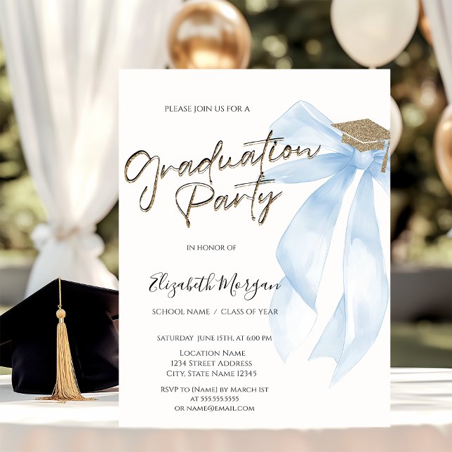 Convites Grad Cap Blue Bow Your Photo Graduation  (Criador carregado)