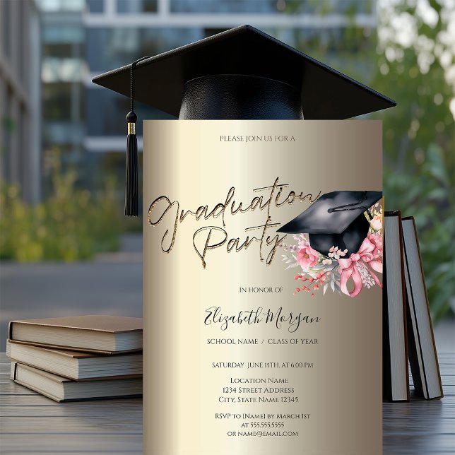 Convites Grad Cap Flowers Bow Your Photo Gold Graduation (Criador carregado)