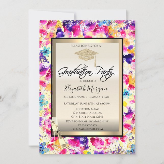 Convites Grad Cap,Taça de Vinho,Flores de Confetes Graduaçã (Frente)