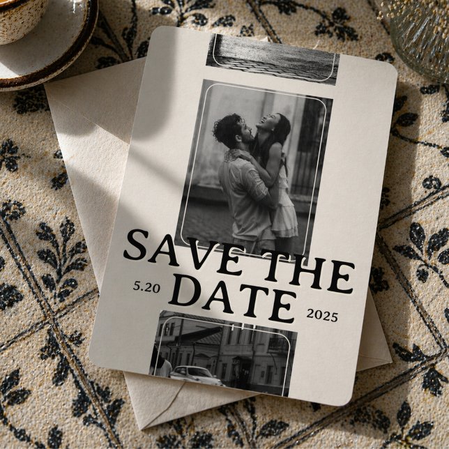 Convites Grade de Fotos Moderna com Fonte Serif Negrito Sal (Modern Photo Grid with Bold Serif Save the Date Invitation)