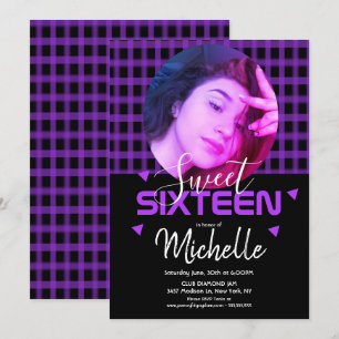 Convites Grade De Fotos Neon Roxo Sweet Sixteen