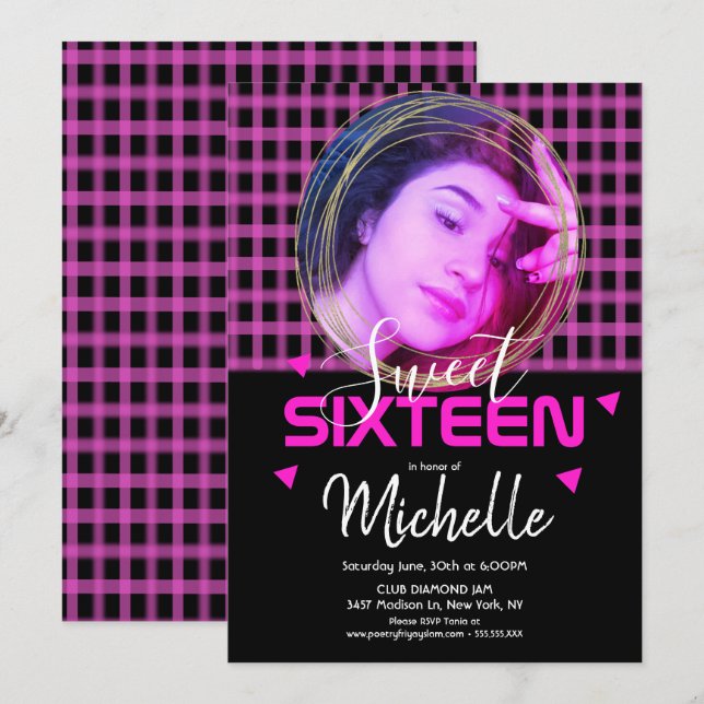 Convites Grade Seis Anel Dourado Rosa Neon Foto Grid (Frente/Verso)