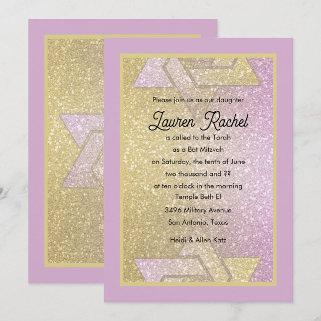 Convites Gradiente Brilhante de Moratona Bat Mitzvah Rosa D (Frente/Verso)