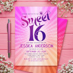 Convites Gradiente Cor de Laranja Cor de Rosa Cor-de-Groovy<br><div class="desc">Feliz 16 de aniversário. Enviar este legal retrato de vassoura, convite de festas personalizado para um evento a lembrar. Diversão, tendências, ousada tipografia rosa-quente e roxa escura com a tipografia sans serif moderna sobrepõe-se a um fundo de raios laranja-claro-pop e verde-claro-cor-de-rosa com pontos brancos. Na parte de trás, um gráfico...</div>
