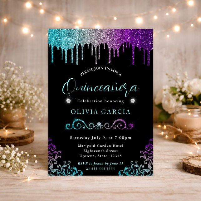 Convites Gradiente de Arco-Íris Glam Glitter Quinceanera (Criador carregado)