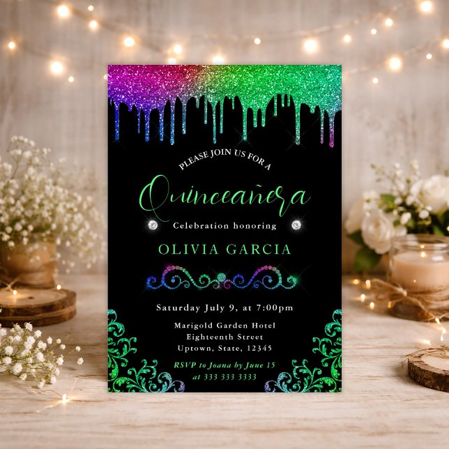 Convites Gradiente de Arco-Íris Glam Glitter Quinceanera (Criador carregado)