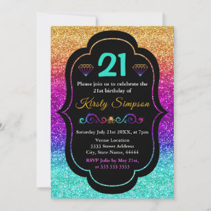 Convites Gradiente de Glitter Arco-Íris Brilhante de Aniver