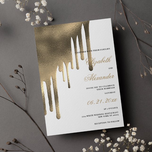 Convites Gradiente de ouro branco de luxo pinga tema de cas (Luxury white gold gradient drips wedding theme Invitation)