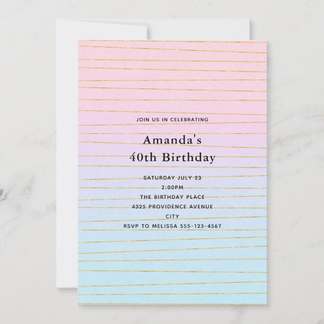 Convites Gradiente de Pastel Azul Rosa com Linhas Douradas  (Frente)