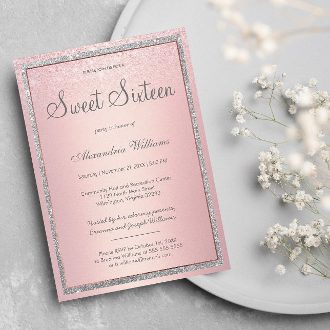 Convites Gradiente dourado cor-de-rosa cor-de-rosa, cor-de- (Glam gold silver glitter confetti Photo Sweet 16 m)