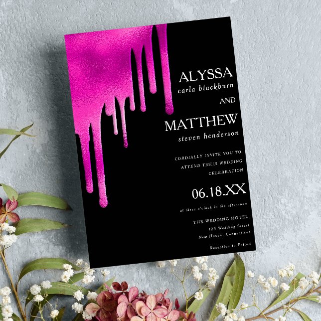 Convites Gradiente preto-claro-branco-neon goteja casamento (Neon pink black watercolor gradient drips wedding)