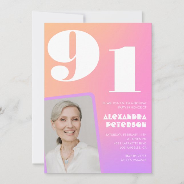 Convites Gradiente Retro Rosa aniversário de 91 anos (Frente)