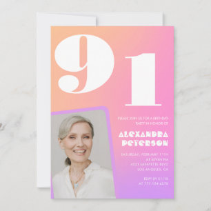 Convites Gradiente Retro Rosa aniversário de 91 anos