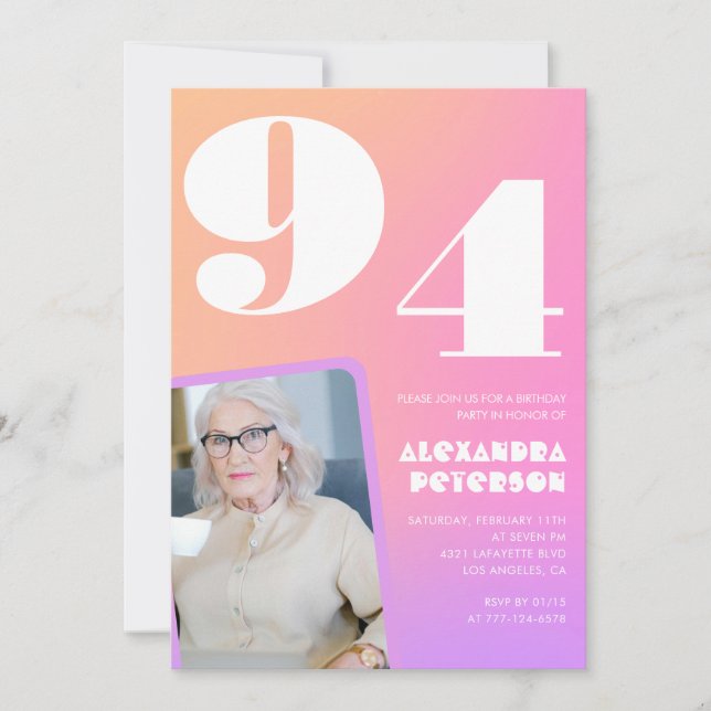 Convites Gradiente Retro Rosa Aniversário de 94 anos (Frente)