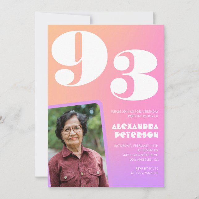Convites Gradiente Rosa Foto Retro Aniversário de 93 anos (Frente)