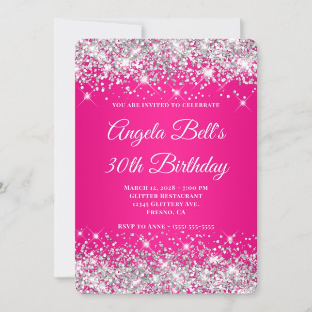 Convites Gradiente Rosa Quente Brilho Prateado Aniversário  (Frente)