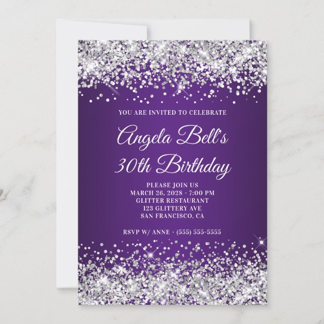 Convites Gradiente Roxo Real com Brilho Prateado Aniversári (Frente)
