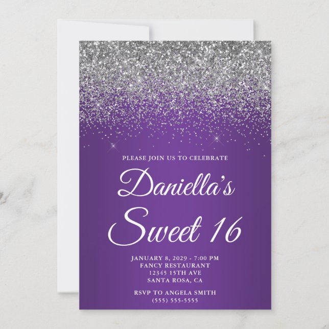 Convites Gradiente Roxo Real com Brilho Prateado Sweet 16 (Frente)
