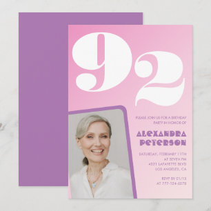 Convites Gradiente Roxo Rosa Foto 92º aniversário