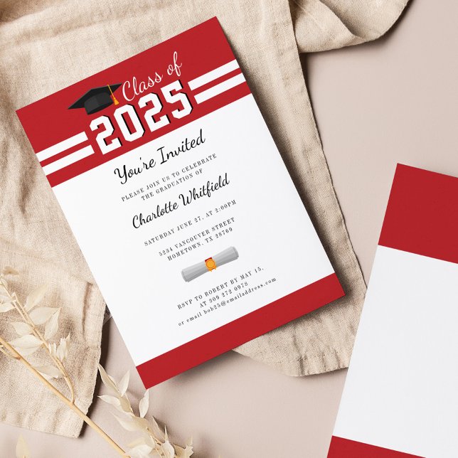 Convites Graduação 2025 Partido Red White Gard (Graduation 2025 Typography Party Red White Invitation)