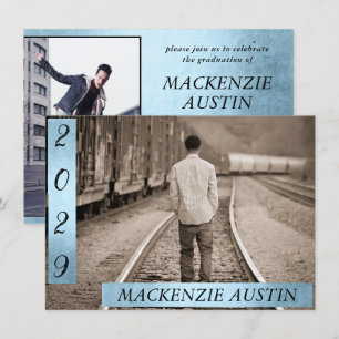 Convites Graduação 2 Foto   Azul Faux Keepsael Metálico
