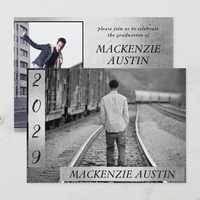 Convites Graduação 2 Foto | Guarda Preta e Branca (Frente/Verso)