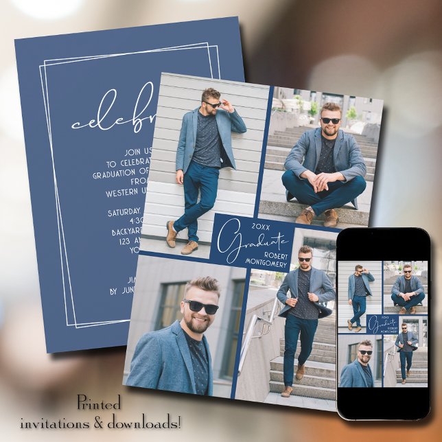 Convites Graduação 4 Festa Azul de Colagem de Fotos (Criador carregado)