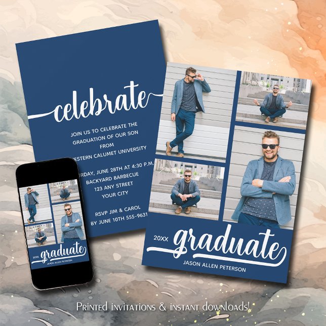 Convites Graduação Azul de Colagem de Fotos Moderna 4 (Modern 4 photo collage blue  graduation party invitations)