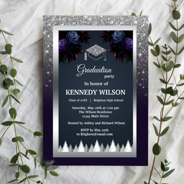 Convites Graduação Azul do Marinho de Prata com Lente Escur (Dark Moody Glitter Silver Navy Blue Graduation Invitation #graduationinvitation #navybluesilver)