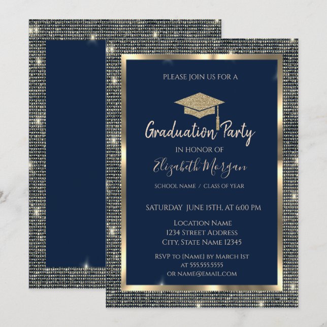 Convites Graduação Azul do Marinho de Sequências Douradas (Frente/Verso)