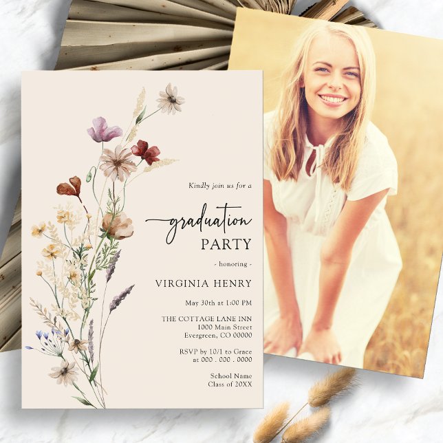 Convites Graduação Boho (Boho Wildflower Photo Graduation Party Invitation by Painted Paperie
)