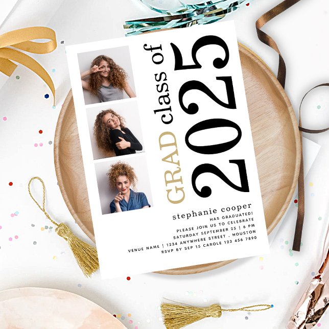 Convites Graduação Branca 2023 com 3 fotos modernas (front view)