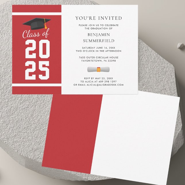 Convites Graduação Branca Simples Moderna 2025 (Modern Simple Red White Graduation 2025 Invitation)