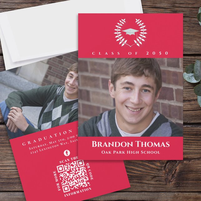 Convites Graduação Clássica Foto Crimson Red Laurel Folhas (Criador carregado)