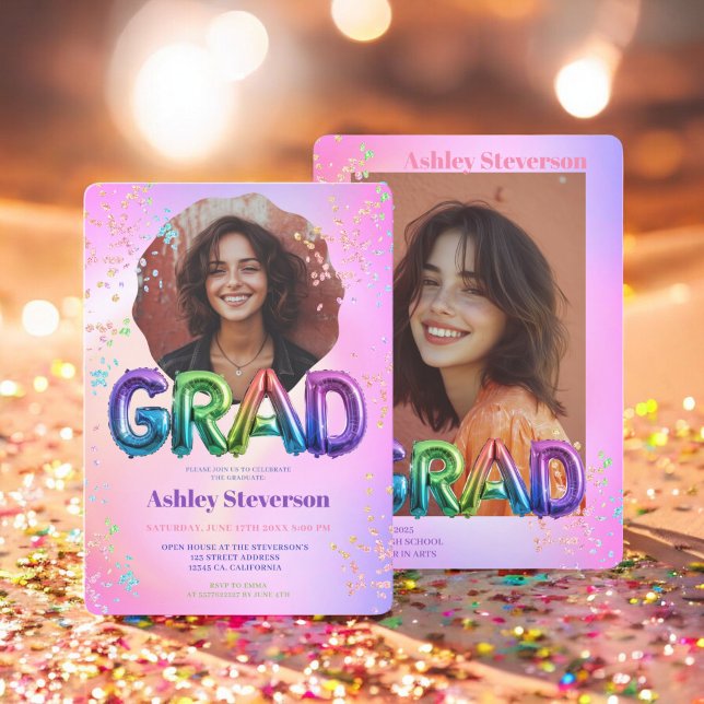 Convites Graduação com Letra Balônica Holográfica 2 Fotos (Holographic Balloon Lettering Graduation 2 Photos Invitation)