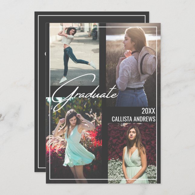 Convites Graduação com quadro preto simples e preto moderno (Frente/Verso)