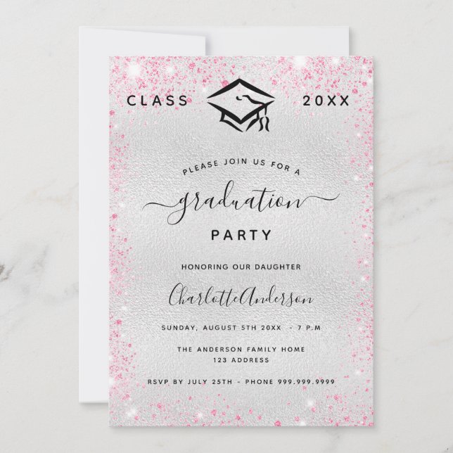 Convites Graduação, cor-de-rosa-prata, moderna (Frente)