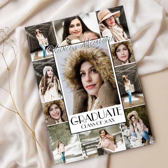 Convites Graduação da Colagem de Fotos do Formando Bold (Modern Stylish Photo Collage Graduation Announcement Invitation for High School College Graduate)